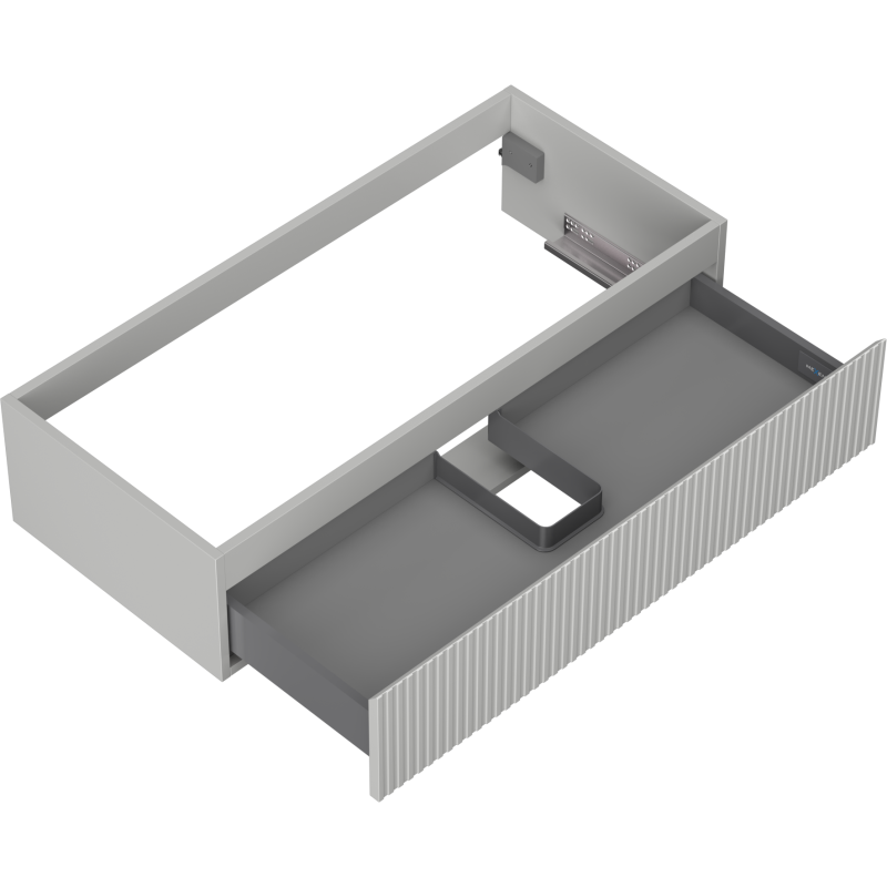 Servantskap uten vask 100 cm grå matt med riflet front og åpen skuff med rominndeling, sett ovenfra.