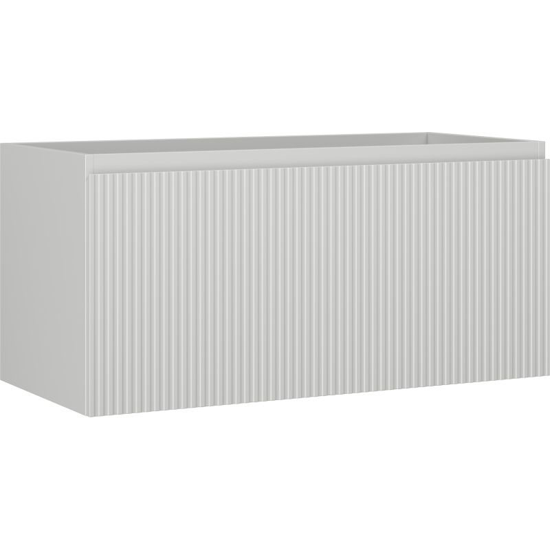 Servantskap 100 cm grå matt med riflet front, sett fra skrå vinkel uten synlige håndtak.