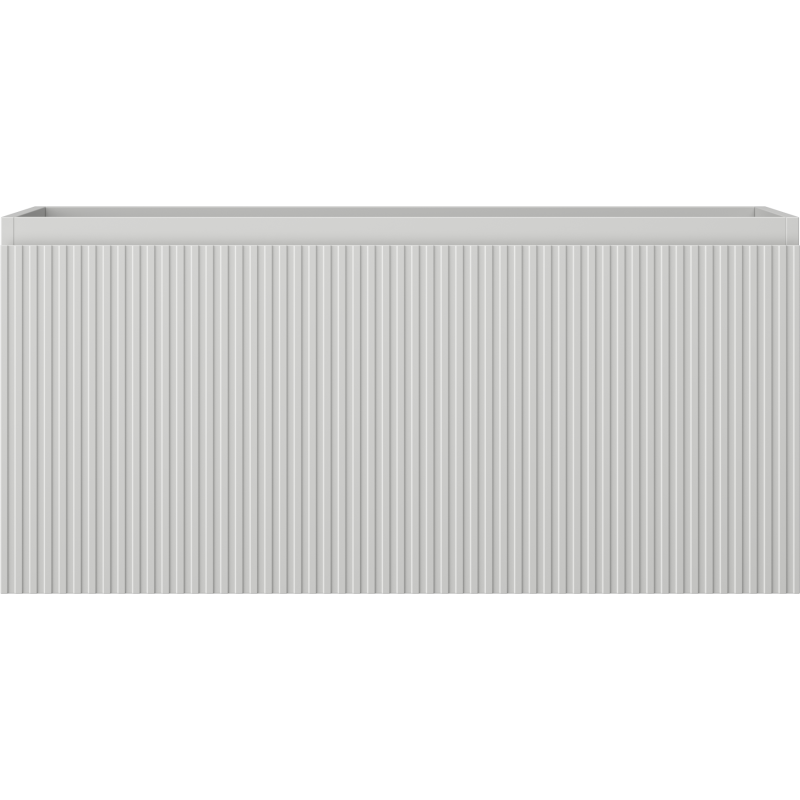 Underskap til servant i lys grå matt utførelse med én skuff og vertikale rifler, sett rett forfra.