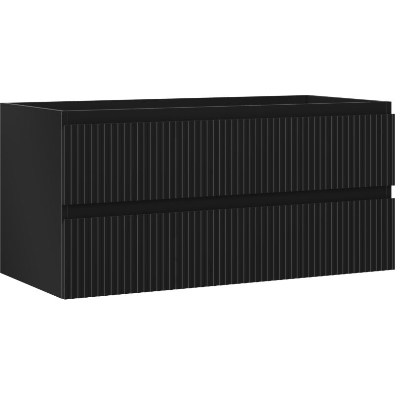 Servantskap 100 cm svart matt med to skuffer og riflet front, sett vinklet forfra.