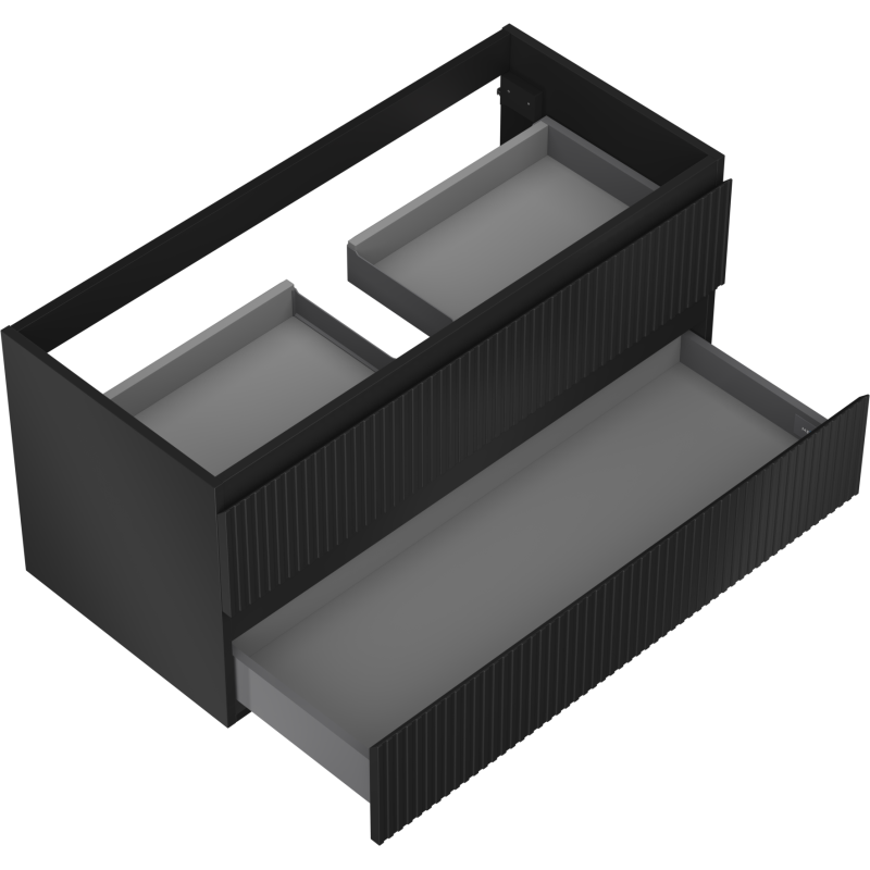 Servantskap til bad i svart matt metall med to grå skuffer og riflet front, sett i vinkel ovenfra.