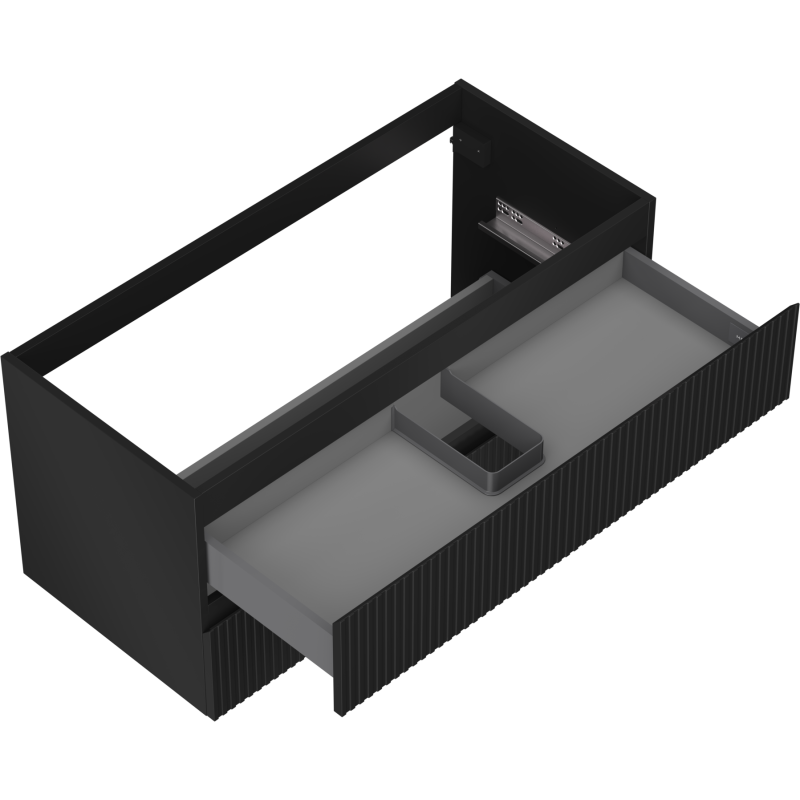 Servantskap uten vask svart matt Mexen Rivel med åpen grå skuff og riflet front, sett skrått ovenfra.
