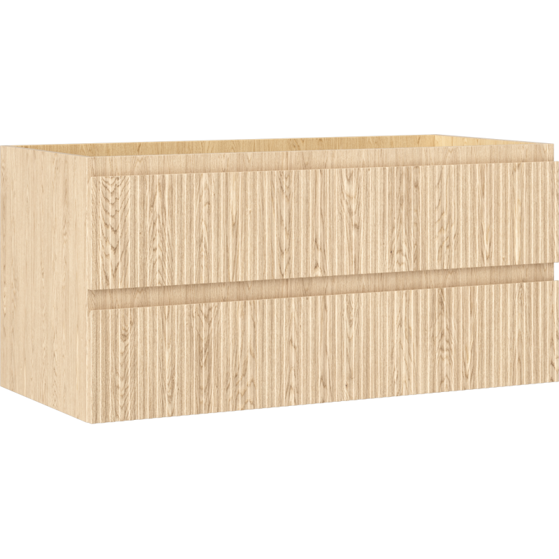 Servantskap 100 cm i eik med to riflete skuffer, sett skrått forfra fra venstre side.