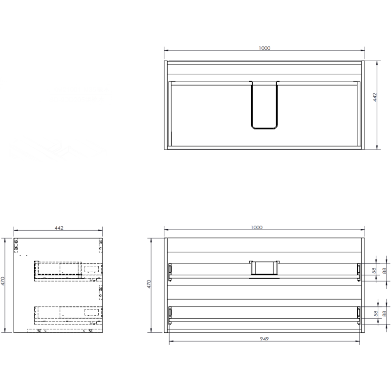 Servantskap 100 cm teknisk tegning med mål, front-, side- og toppvisning av eik med riflet front.