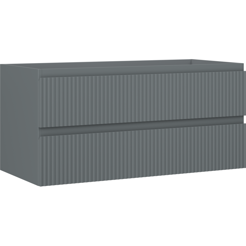 Servantskap 100 cm grafitt matt med to skuffer og vertikale riller, sett fra skrå vinkel.
