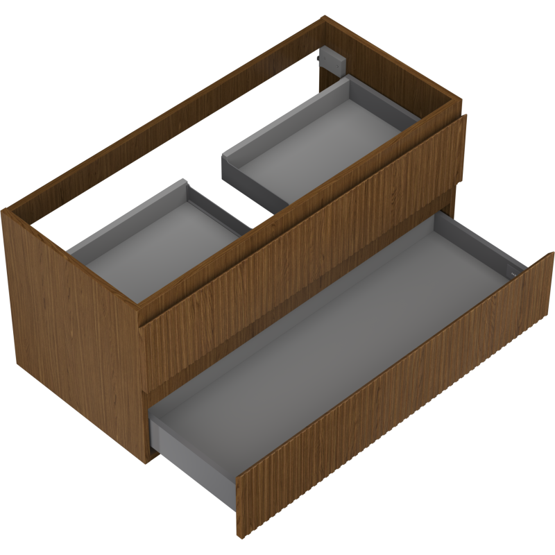 Servantskap til bad i valnøtt med to grå skuffer, nederste skuff helt åpen, sett skrått ovenfra.