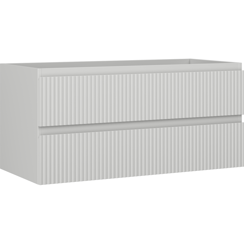 Servantskap 100 cm grå matt med to skuffer og vertikale riller sett fra skrå vinkel.