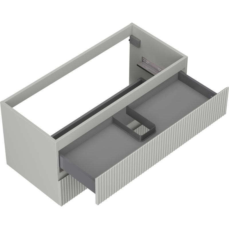 Servantskap uten vask 100 cm grå matt med to skuffer, rillet front og åpen skuff med rominndeling.