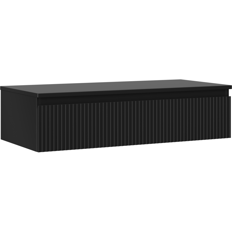 Servantskap 100 cm svart matt med én skuff og vertikale riller på fronten, sett fra skrå vinkel.