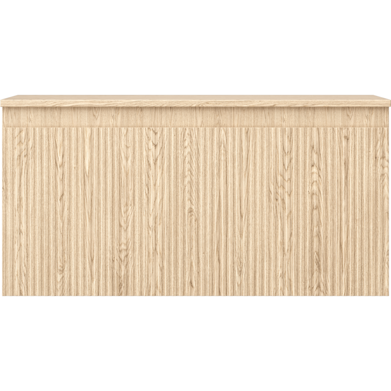Underskap til servant i lys eik med vertikal åremønster og glatt front uten synlige håndtak.