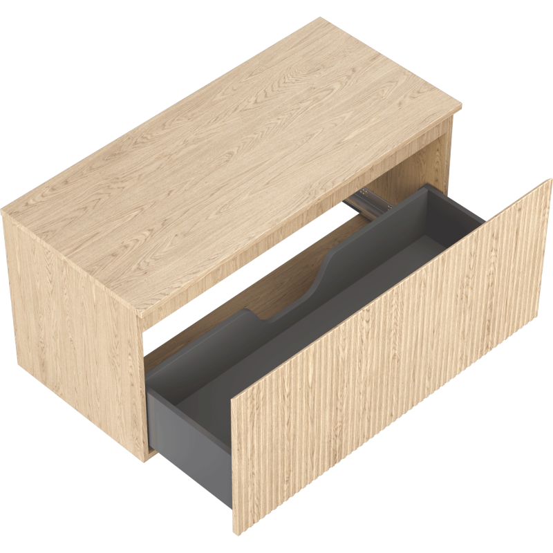 Servantskap uten vask 100 cm i eik med én stor skuff og synlig grå innerskuff med utskjæring for rør.
