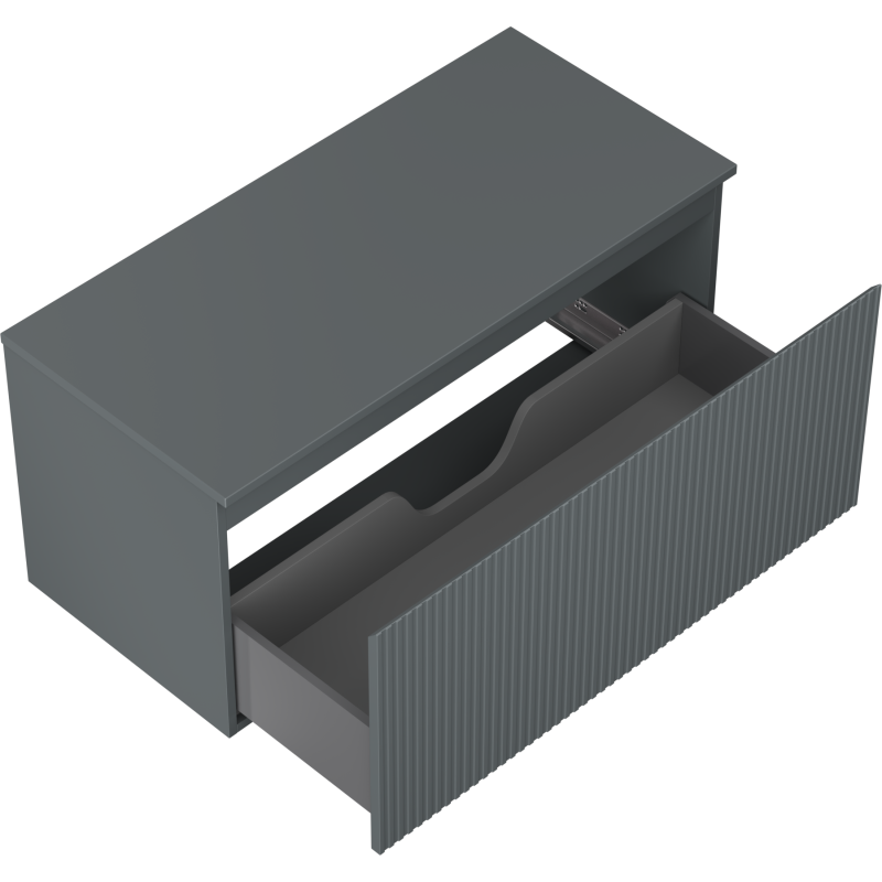 Servantskap uten vask 100 cm grafitt matt med åpen skuff og riflet front, sett ovenfra i vinkel.