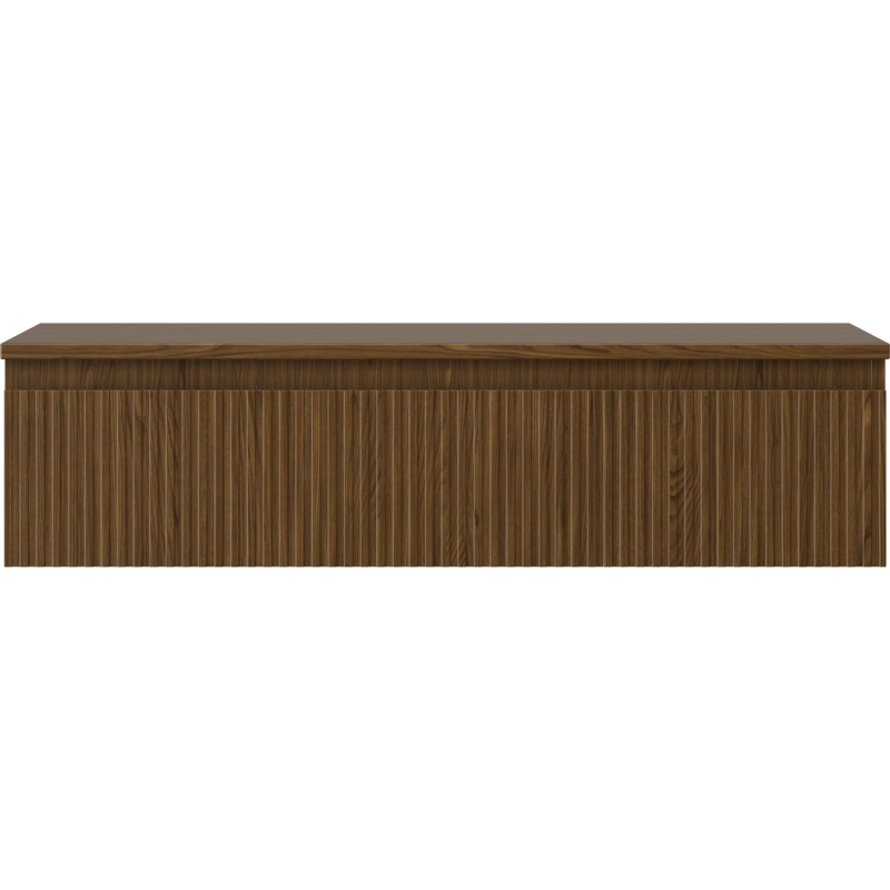 Underskap til servant i valnøtt med riflet front, én skuff og vertikal trestruktur, sett forfra.