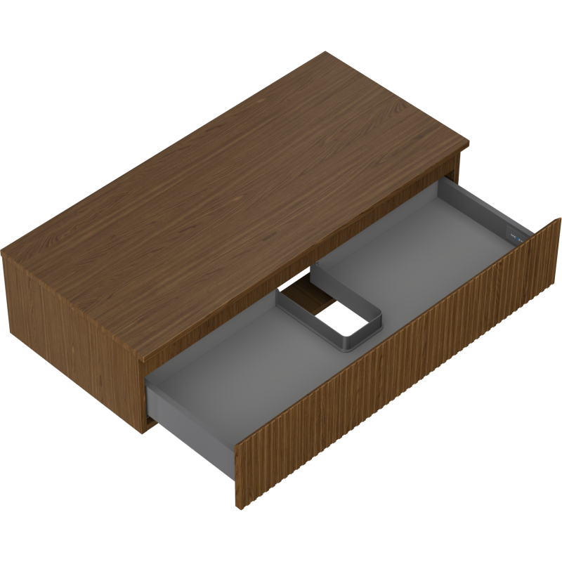 Servantskap uten vask 100 cm i valnøtt med én riflet skuff og grå innerskuff, sett fra skrå vinkel.