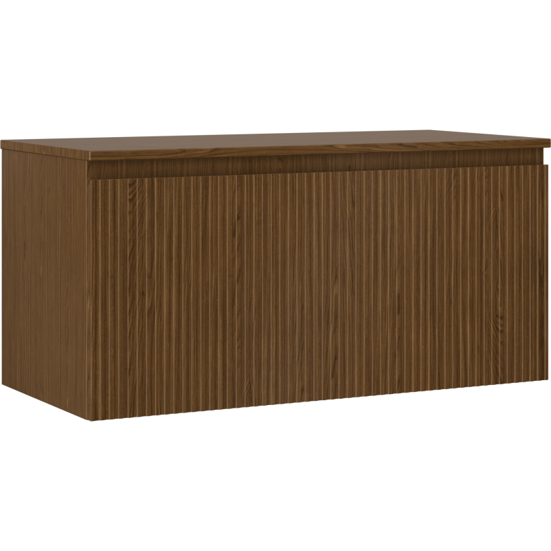 Servantskap 100 cm i valnøtt med én skuff og riflet front, sett fra skrå vinkel foran.