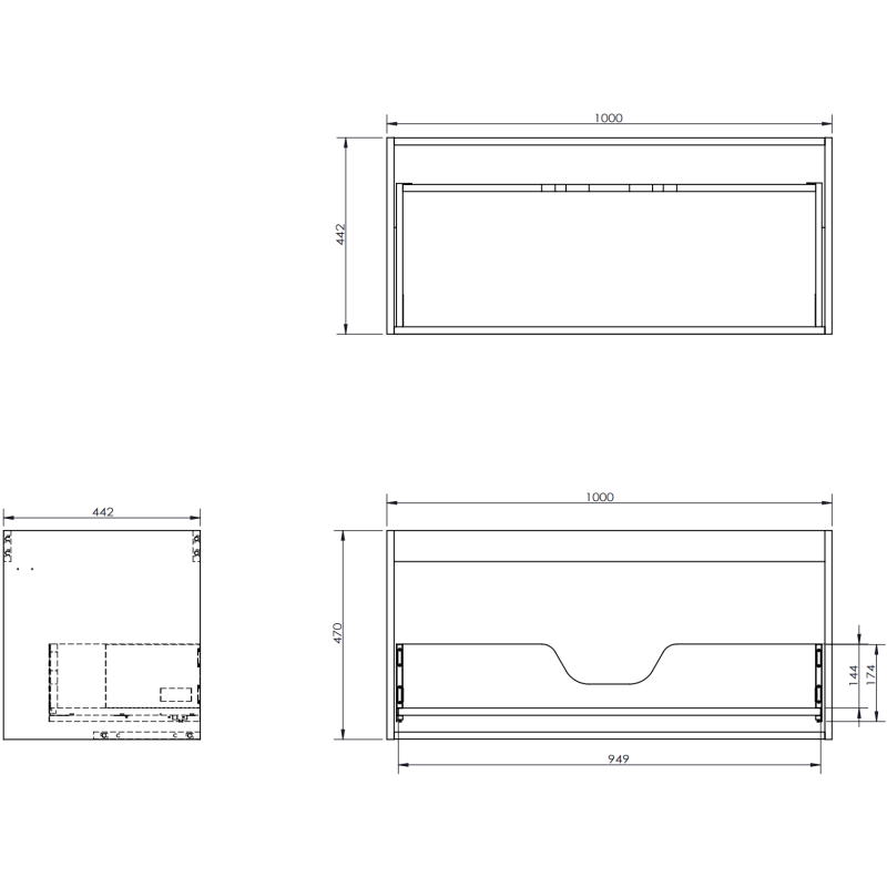 Servantskap til bad teknisk tegning av Mexen Rivel 100 cm med mål og riflet front.