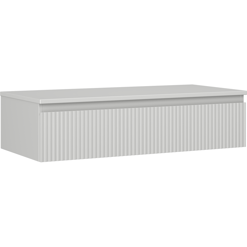 Servantskap 100 cm grå matt med riflet front og én skuff, sett skrått forfra.