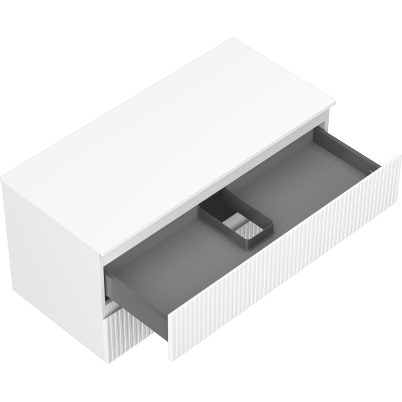 Servantskap uten vask hvit Mexen Rivel 100 cm med riflet front og grå uttrekksskuff sett skrått ovenfra.