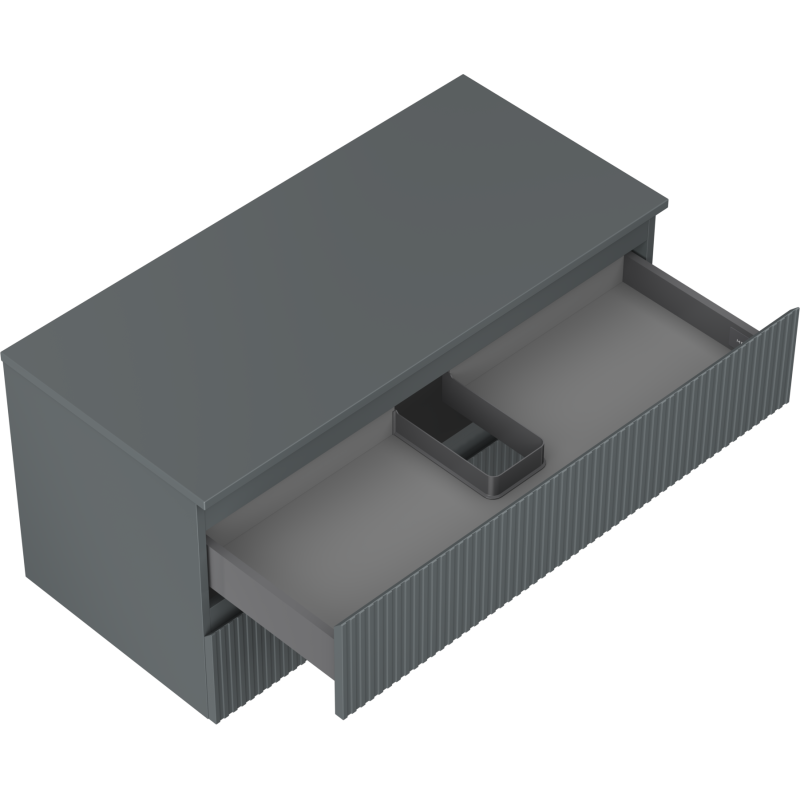 Servantskap uten vask 100 cm i grafitt matt med to skuffer, en stor skuff trukket ut og innsats i midten.