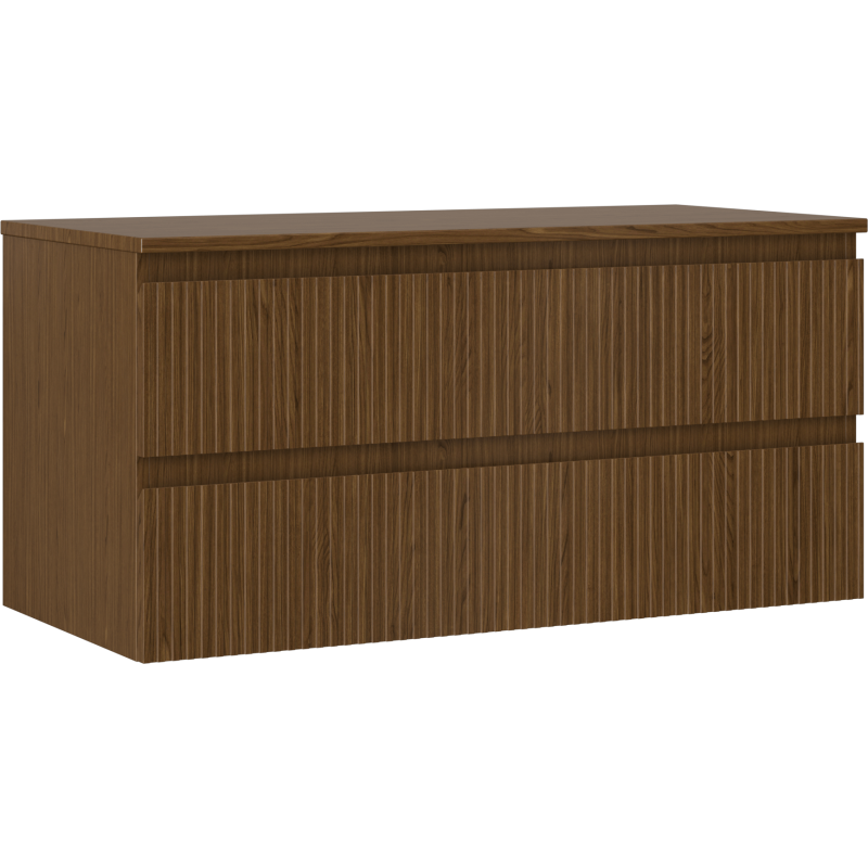 Servantskap 100 cm i valnøtt med riflet front og to skuffer uten håndtak, sett skrått forfra.