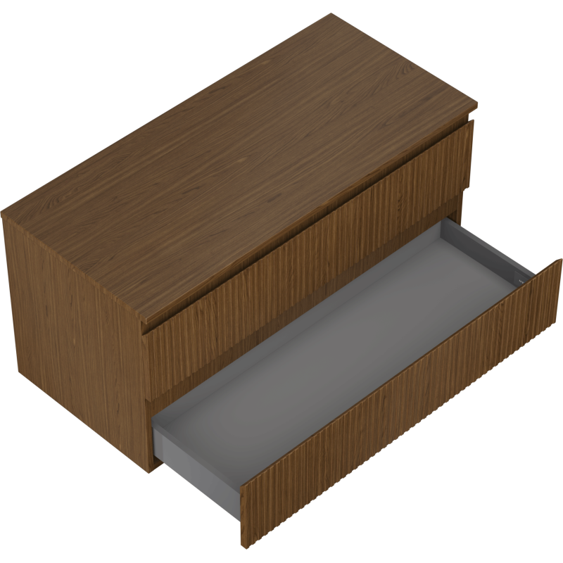 Servantskap til bad i valnøtt med riflet front, én stor skuff trukket ut, sett fra skrått fugleperspektiv.