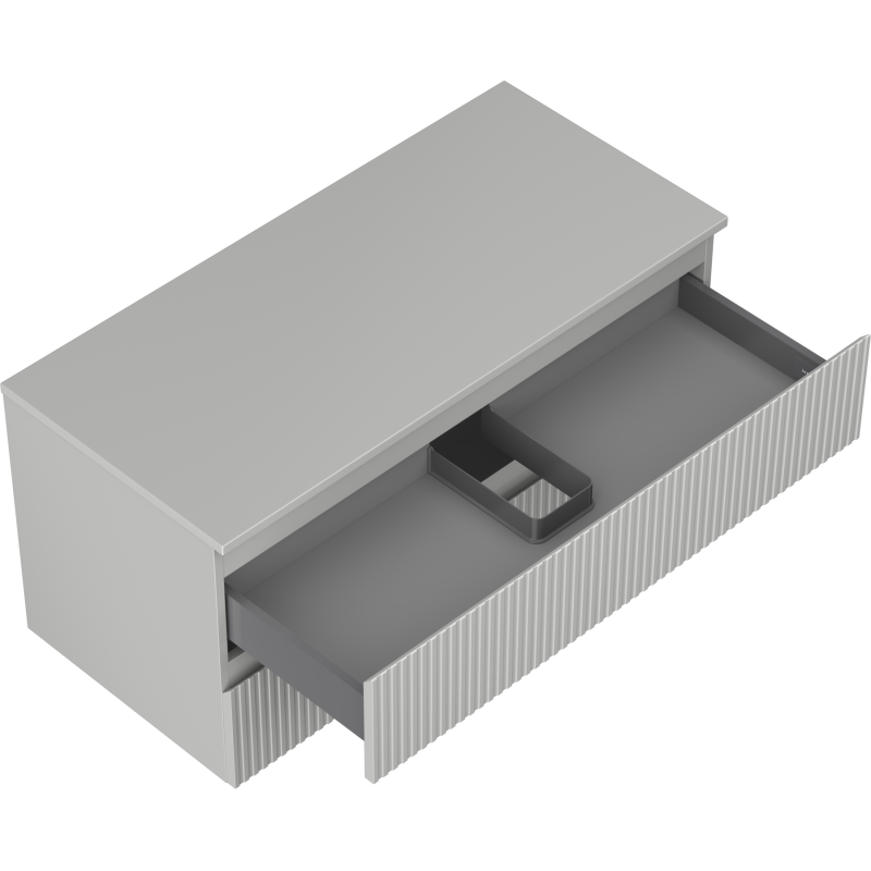 Servantskap uten vask 100 cm grå matt med riflet front og én stor, åpen skuff med romdeler.