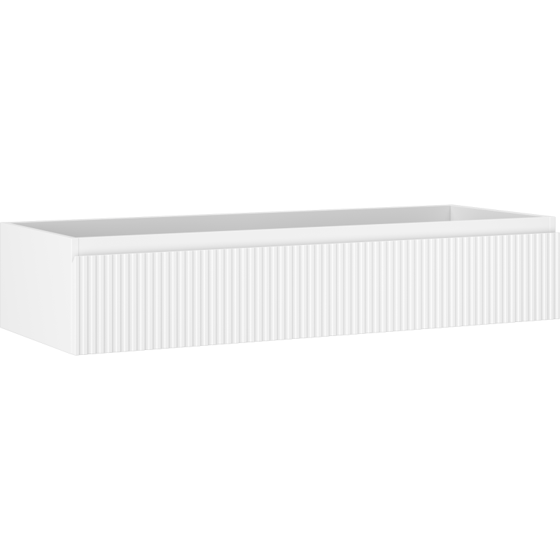 Servantskap 120 cm hvit matt med én skuff og vertikale riller sett fra skrå vinkel.
