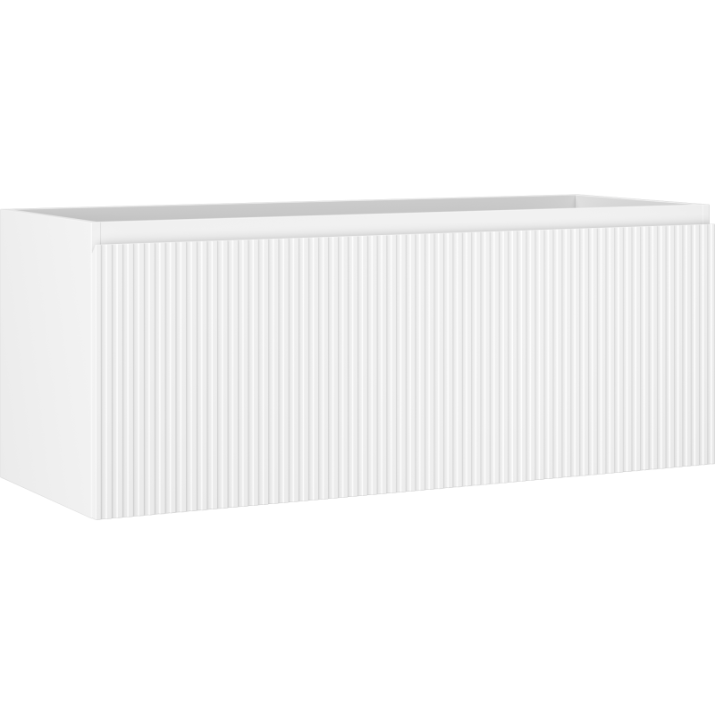 Servantskap 120 cm hvit matt med riflet front, sett fra skrå vinkel, moderne design.