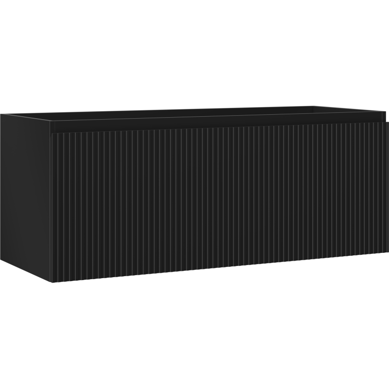 Servantskap 120 cm svart matt med riflet front, sett fra skrå vinkel mot front og venstre side.