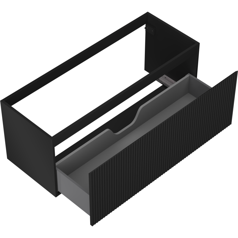 Servantskap uten vask 120 cm svart matt med åpen riflet frontskuff og innvendig utsparing.