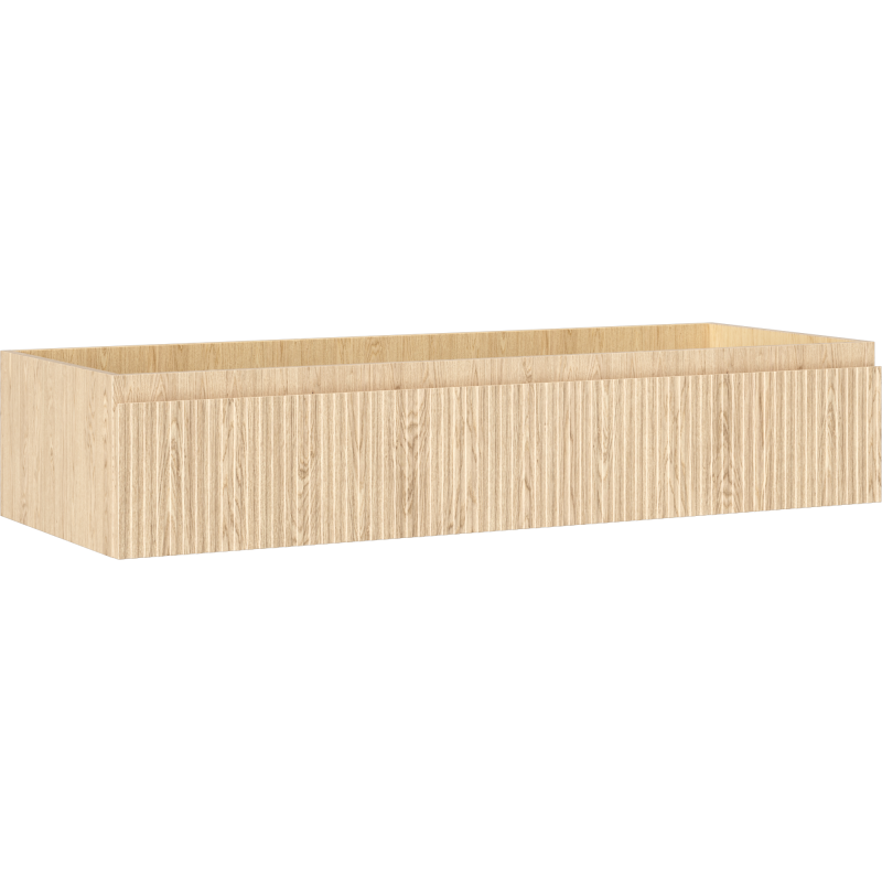 Servantskap 120 cm i lyst eiketre med riflet front, sett fra skrå vinkel uten synlige håndtak.