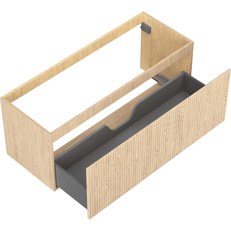 Servantskap uten vask 120 cm i lys eik med én stor grå innerskuff trukket ut, riflet front.