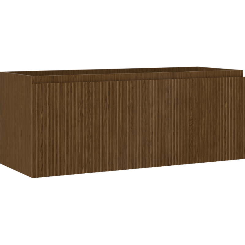 Servantskap 120 cm i valnøtt med riflet front og én skuff, sett forfra og fra siden.