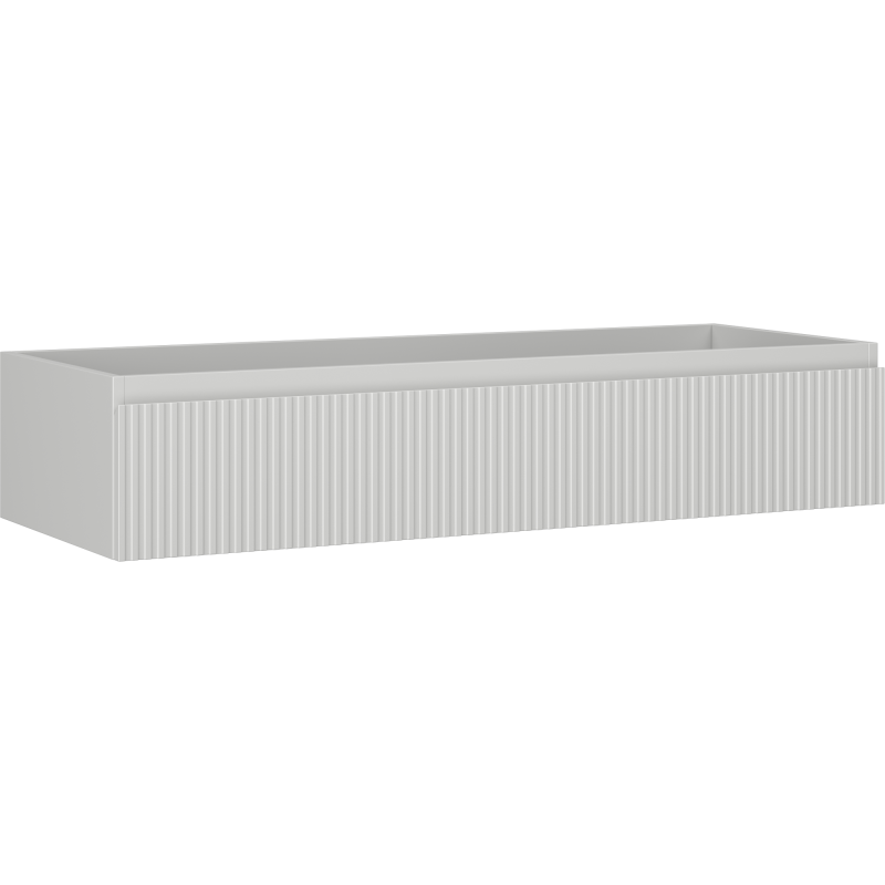 Servantskap 120 cm grå matt med én skuff og vertikalt riflet front, sett fra siden.