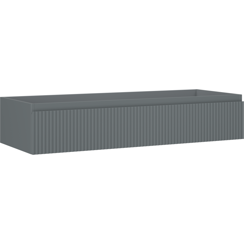 Servantskap 120 cm grafitt matt med riflet front, én skuff, sett skrått forfra mot nøytral bakgrunn.