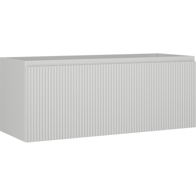 Servantskap 120 cm grå matt med riflet front, skrå vinkel, uten synlige håndtak eller detaljer.