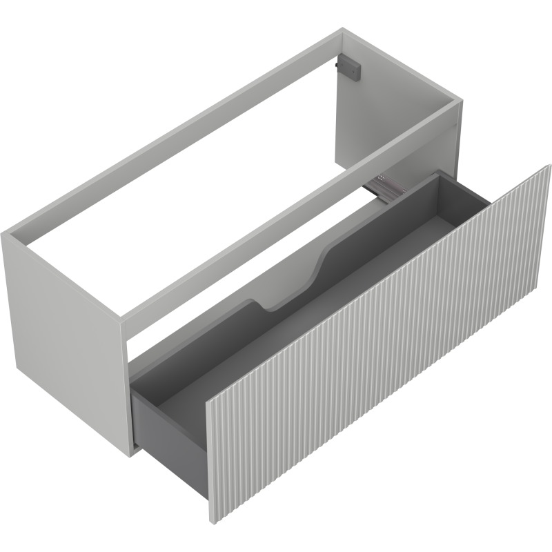 Servantskap uten vask grå matt 120 cm med én rillet skuff og integrert håndtak, sett ovenfra.