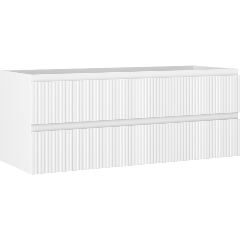 Servantskap 120 cm hvit matt med to brede skuffer og vertikalt rillet front, sett fra skrå vinkel.