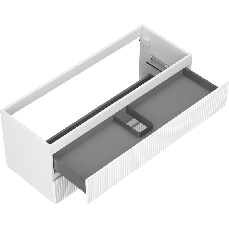 Servantskap uten vask 120 cm hvit matt med to skuffer, grå innerskuff og ribbet front.
