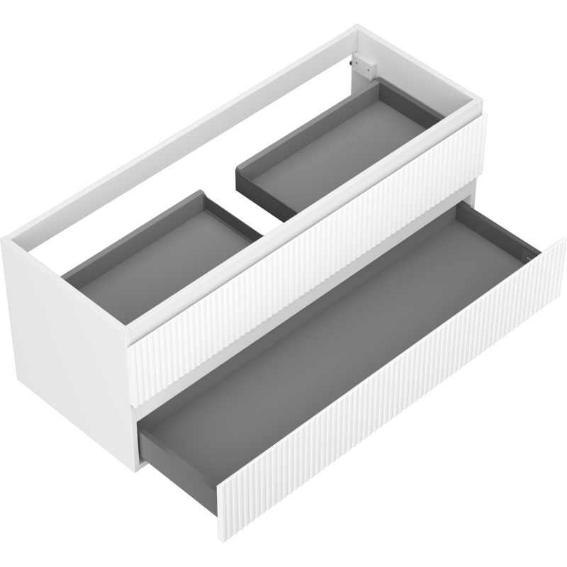 Servantskap til bad 120 cm i hvit matt med to grå skuffer og rillede fronter, sett ovenfra.