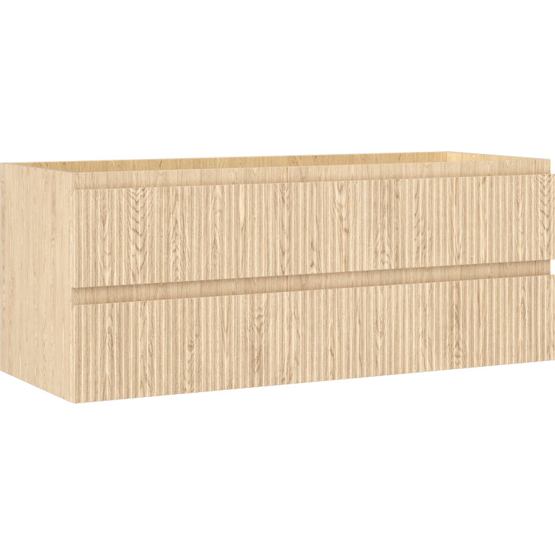 Servantskap 120 cm i eik med riflet front og to skuffer, sett fra skrå vinkel uten håndtak.