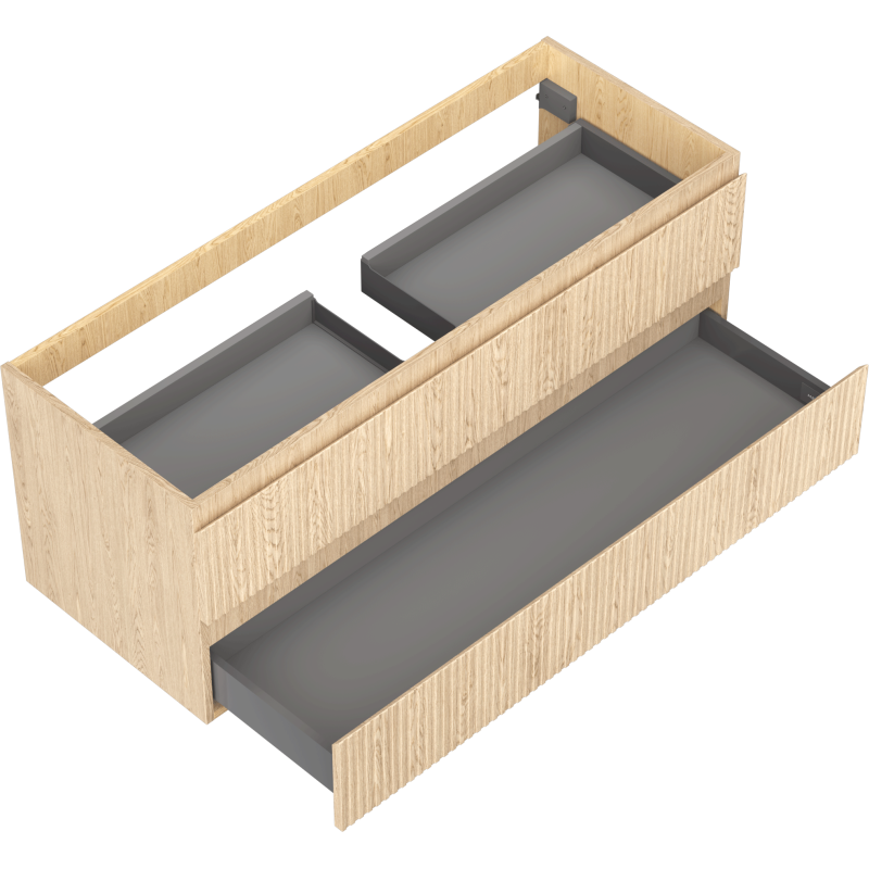 Servantskap til bad i eik med to grå skuffer, fugleperspektiv, nederste skuff trukket ut.