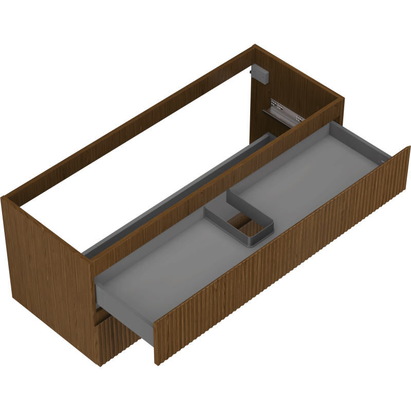 Servantskap uten vask 120 cm valnøtt, åpen skuff med grått organiseringsinnlegg sett skrått ovenfra.
