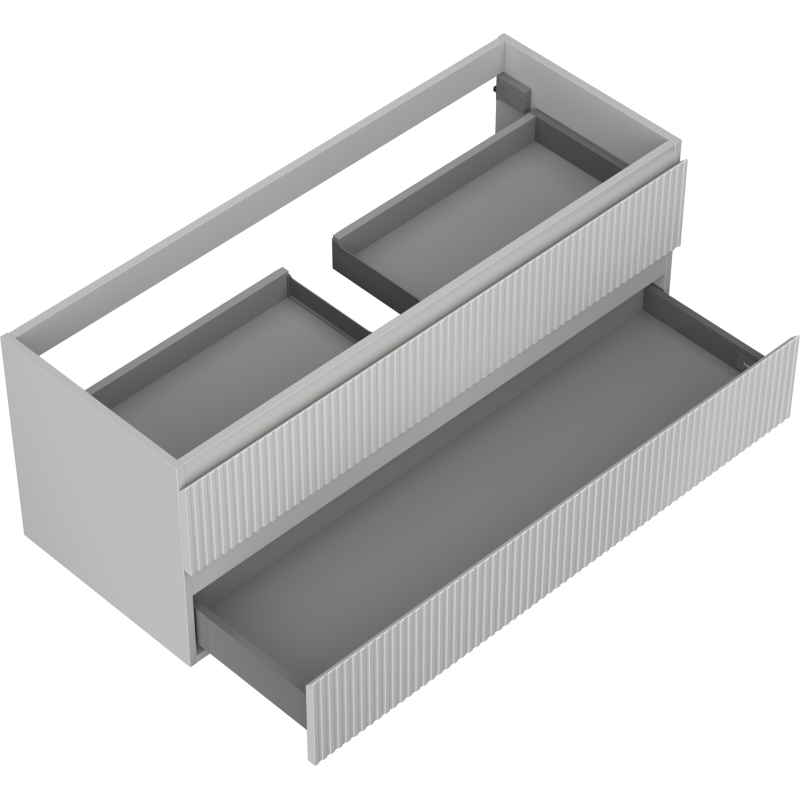 Servantskap til bad 120 cm i grå matt utførelse med to åpne skuffer og vertikale riller.