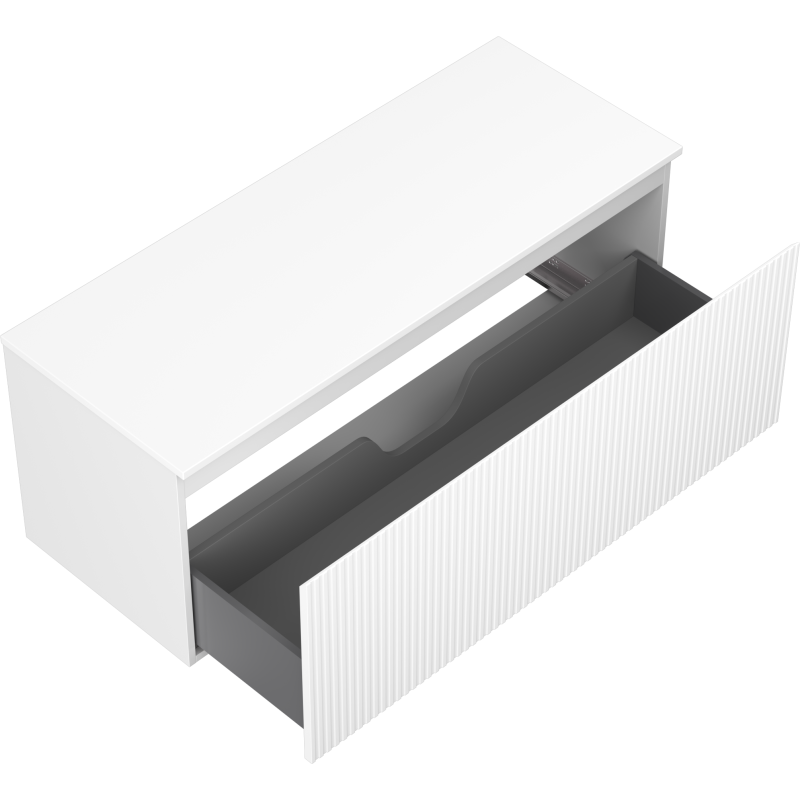Servantskap uten vask 120 cm hvit matt med én stor mørk grå skuff og rillet frontpanel.