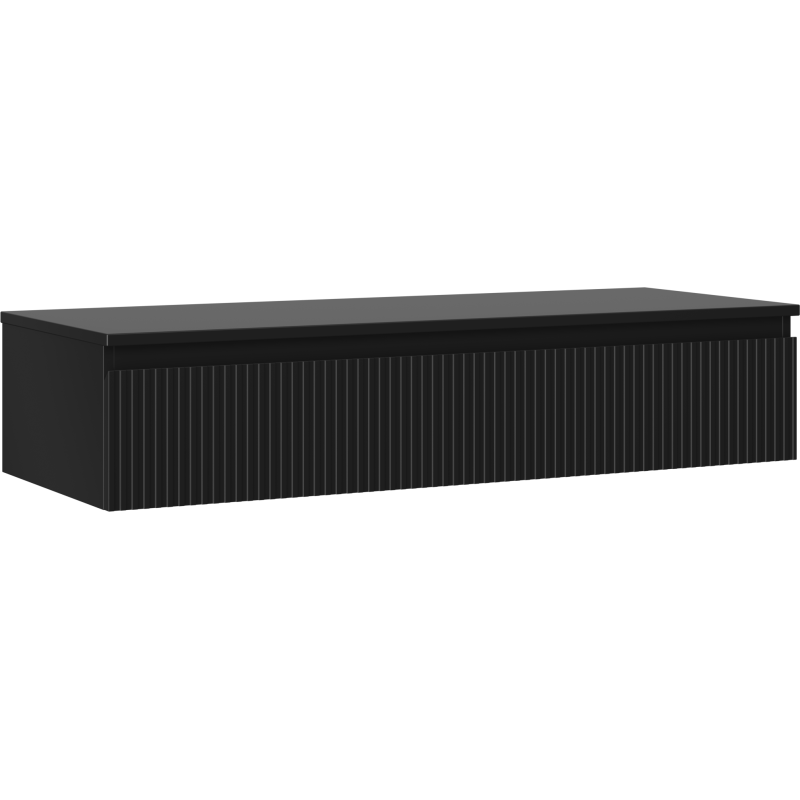 Servantskap 120 cm svart matt med én skuff og vertikale riller, sett fra skrå vinkel.
