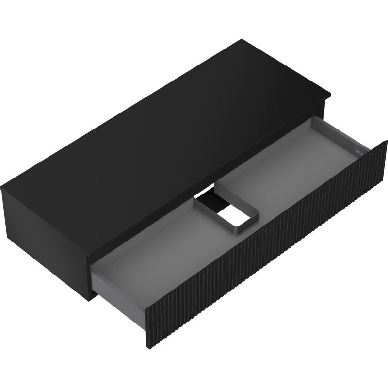 Servantskap uten vask svart matt Mexen Rivel 120 cm med åpen skuff og organiseringsinnlegg.