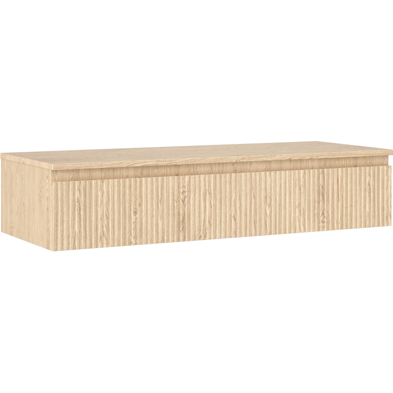 Servantskap 120 cm i eik med riflet front og én skuff, sett fra framsiden og siden.