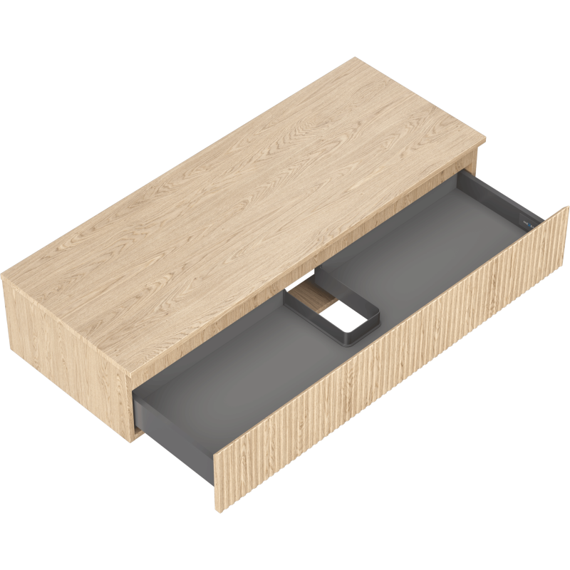 Servantskap uten vask i eik, 120 cm, med riflet front og stor grå innerskuff trukket ut.