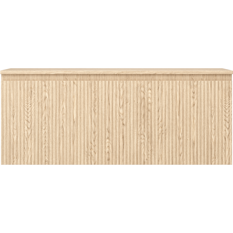 Underskap til servant i lys eik med riflet front, sett forfra, moderne design uten synlige håndtak.